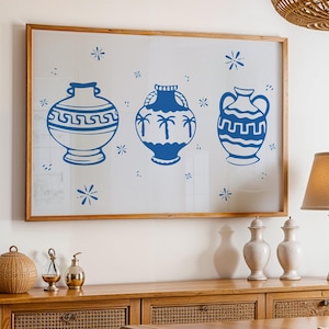 Póster de cerámica de jarrón griego, ilustración de jarra, arte mural, estampado moderno en azul mediterráneo, decoración del hogar griego, idea de regalo de dopamina