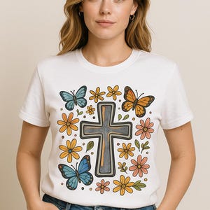 Christian Cross PNG: Vintage Floral Butterfly Design (Digital Download