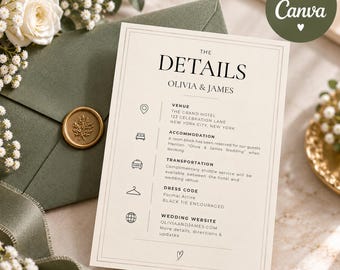 Plantilla minimalista para tarjeta de detalles de boda, diseño editable en Canva (descarga digital)