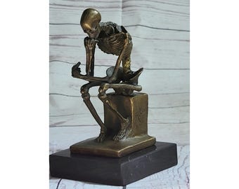 Der Skelett Denker Denkender Schädel Bronze Statue Skulptur Art Deco Figur