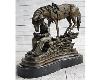 Cowboy Reading a Book with Horse Bronze Western Sculpture Statue Remington Deco Figure