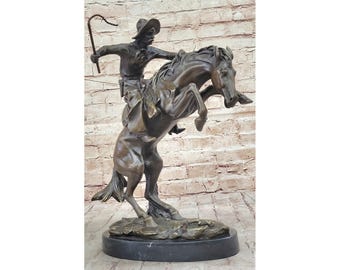 Bronze Cowboy Horse Sculpture - Western Art Statue on Marble Base