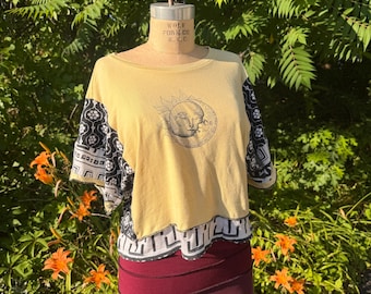 Upcycled Sun & Moon Patchwork Top | One of a Kind Boho Cotton Knit Shirt | Celestial Graphic Tee | loose fit