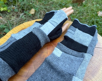 100% Cashmere Fingerless Gloves – black and gray  Mosaic Patchwork Arm Warmers – Upcycled Cashmere Gloves – One of a Kind