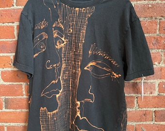 FACES shirt- hand drawn- bleach painted -gender neutral-  art to wear size L
