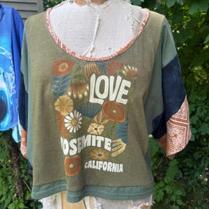 Boxy boho boxy breezy Yosemite floral  artsy top- free size repurposed cotton  - patchwork kimono style - med