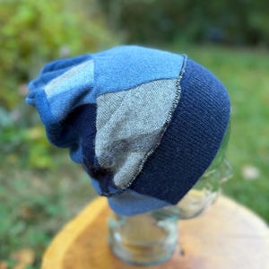 Upcycled 100% Cashmere Patchwork Hat – Blue Mosaic Slouchy Beanie – Recycled Cashmere Winter Hat – large One of a Kind