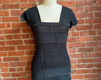 reworked t shirts all black cotton strips tunic - Square neck and cap sleeve- body con top