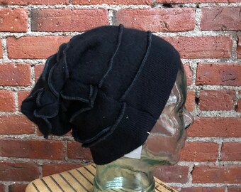 Black cashmere slouchy hat- unisex hat - cashmere hat- recycled sweater- eco friendly- repurposed