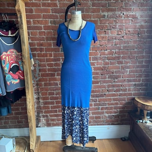 soft ribbed upcycled t shirt dress- slim fit scoop neck ribbed cobalt and floral t shirt dress- medium