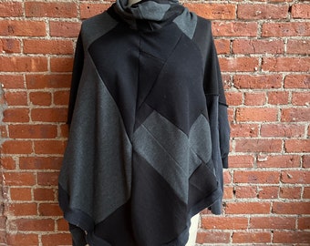 Upcycled thermal triangle mosaic sleeved  poncho with cowl neck- free size - plus size