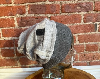 100 percent cashmere hat- unisex winter  hat -  gray patchwork  cashmere beanie- recycled sweater- eco friendly- cashmere slouchy hat