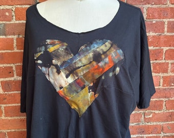 Upcycled batwing  loose fit t shirt - hand dyed patchwork heart t -  plus size