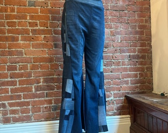 upcycled stretch denim patchwork Bells- soft dark wash reworked flare pants size 6-8