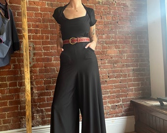 Organic Bamboo Jersey Black wide leg Jumpsuit with pockets