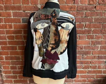 One of a kind portrait collage jacket- upcycled art to wear-  Art hoodie- gender neutral