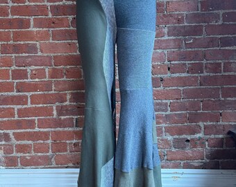 Upcycled eco wave flares- one of a kind cotton thermal patchwork bell bottoms