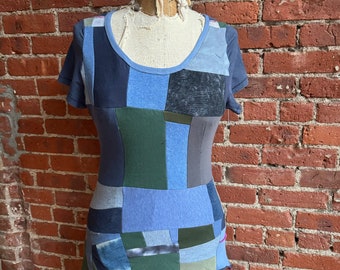 Mosaic Blue Green Patchwork T shirt small or medium