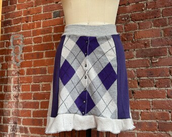 Soft Cashmere argyle skirt- recycled sweater panel skirt- upcycled sweater skirt  winter skirt- large Xl