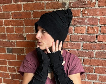 Unisex Black Cashmere fingerless gloves- reworked sweater-eco friendly- one of a kind