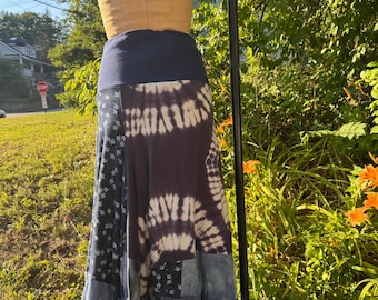 Convertible Cotton Skirt Dress | Hand Dyed Indigo Blue Patchwork Skirt | Upcycled Boho Wearable Art | One of a Kind