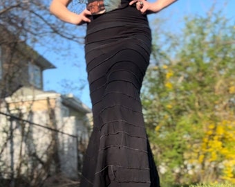 Upcycled t shirt fit and flare black  mermaid maxi skirt- sustainable fashion- boho one of a kind maxi skirt