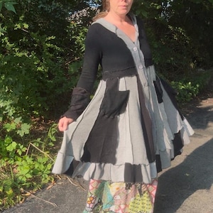 Upcycled 100% Cashmere Sweater Coat – Hooded Patchwork Coat – Blavk  gray   Wearable Art