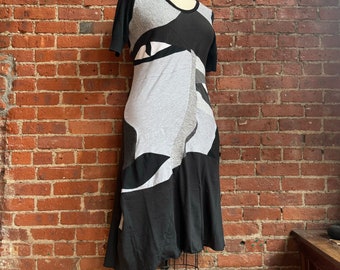 ART DRESS- abstract textile collage midi dress from upcycled t shirts- wearable art- black and gray