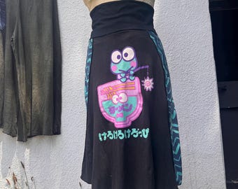 Upcycled Kawaii Ghost Midi Skirt | Japanese Graphic Art Skirt | Stretch Cotton | Fold Over Waist | One of a Kind Boho Skirt