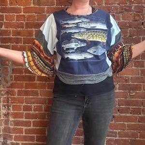 Boxy boho fish  free size  t shirt bell sleeve  - hippie coverup - cropped slouchy top