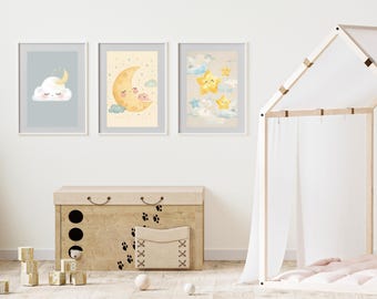 Láminas decorativas para la habitación del bebé: Luna, nubes y estrellas, decoración infantil con temática de sueño (descarga digital tamaño A4).