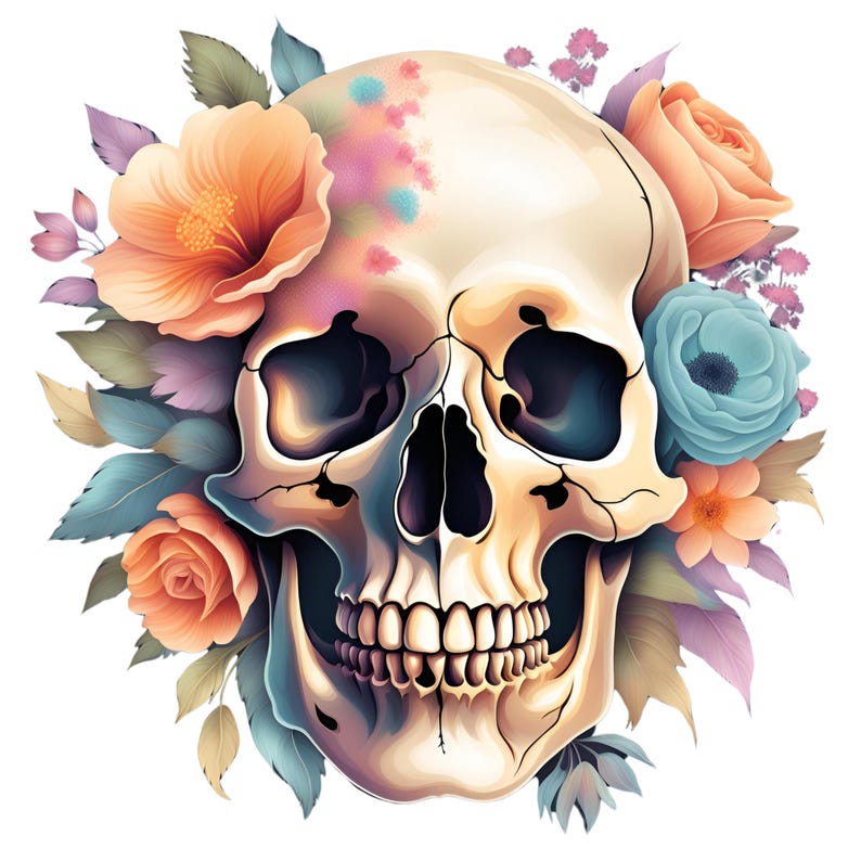 Puede incluir: Un cr&aacute;neo humano blanco con un arreglo floral colorido a su alrededor. Las flores son rosas, naranjas, azules y amarillas. El cr&aacute;neo tiene un dise&ntilde;o pintado en la frente.