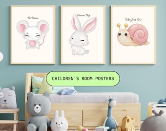 Láminas decorativas para la habitación infantil: conejos, ratones y caracoles, con frases motivacionales (descarga digital tamaño A4).