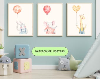 Juego de láminas decorativas para la pared de la habitación infantil, animales en acuarela con globos, decoración para la habitación de los niños (descarga digital)