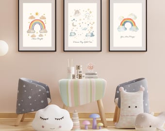 Juego de 3 láminas infantiles con diseño de arcoíris en tonos pastel, decoración bohemia para la habitación del bebé (descarga digital)