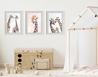 Arte mural de la familia de jirafas de safari - Juego de 3 láminas