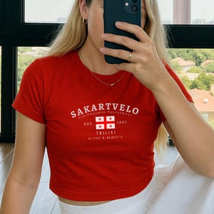Georgia Baby Tee, Sakartvelo Y2K Crop Top, Vintage Tbilisi Flag Shirt, Caucasus Aesthetic Tee, Georgian Pride T-Shirt for Women