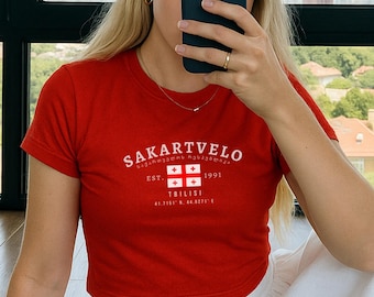 Maglietta per neonati Georgia, top corto Sakartvelo Y2K, maglietta con bandiera vintage di Tbilisi, maglietta con estetica del Caucaso, maglietta con orgoglio georgiano da donna