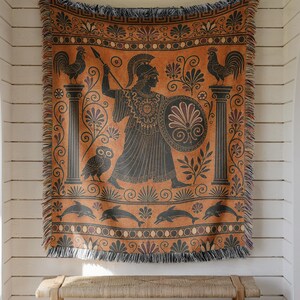 Athena Woven Blanket, Greek Mythology Goddess Tapestry Throw, Ancient Greek Vase Art Owl Wall Hanging, Dark Academia Classical Home Decor