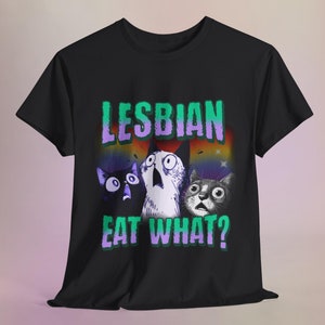Vintage Lesbians Eat What?! Funny Offensive Cat Bootleg T-shirt, Unhinged Shirt, Funny 90s Graphic Tee, Sarcastic Shirt Gift, Silly Meme Tee