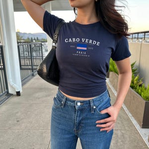 Cabo Verde Baby Tee, Cape Verde Y2K Crop Top, Vintage Flag Shirt, Praia Aesthetic Tee, West African Island Pride T-Shirt for Women image 2