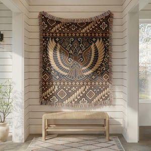 Batik Garuda Wing-vävd filt, indonesisk javanesisk gobelängpläd, brun krämfärgad etnisk väggbonad, bohemisk global heminredningsgåva