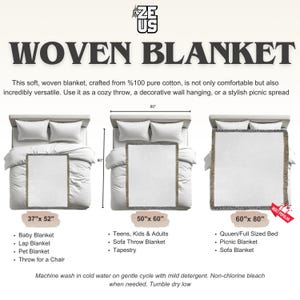 May include: A woven blanket display with three sizes: 37" x 52", 50" x 60", and 60" x 80". The image shows the blankets on beds, with text indicating uses like baby, lap, and sofa throws. The text also mentions the blanket is made of 100% pure cotton.