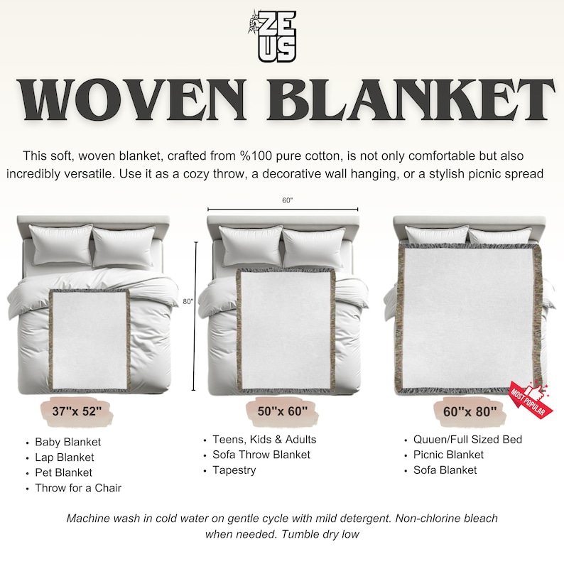 May include: A woven blanket display with three sizes: 37" x 52", 50" x 60", and 60" x 80". The image shows the blankets on beds, with text indicating uses like baby, lap, and sofa throws. The text also mentions the blanket is made of 100% pure cotton.