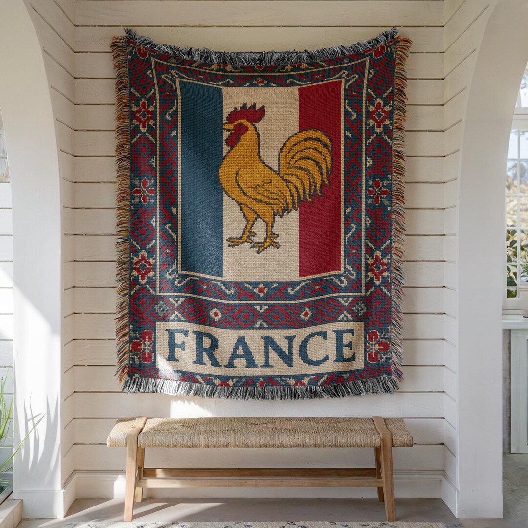 France Woven Blanket – French Flag and Rooster Patriotic Throw