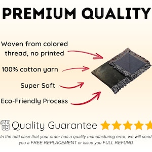 May include: Two square throw pillows with fringed edges. One pillow is dark green, the other is dark blue. Text reads "PREMIUM QUALITY", "Woven from colored thread, no printed", "100% cotton yarn", "Super Soft", and "Eco-Friendly Process".