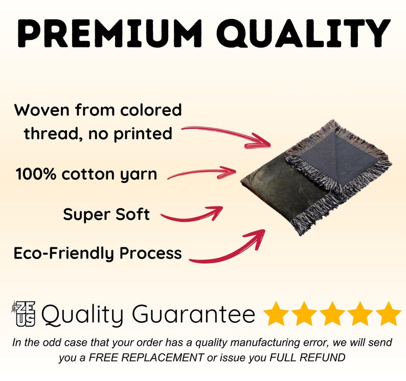 May include: Two square throw pillows with fringed edges. One pillow is dark green, the other is dark blue. Text reads "PREMIUM QUALITY", "Woven from colored thread, no printed", "100% cotton yarn", "Super Soft", and "Eco-Friendly Process".