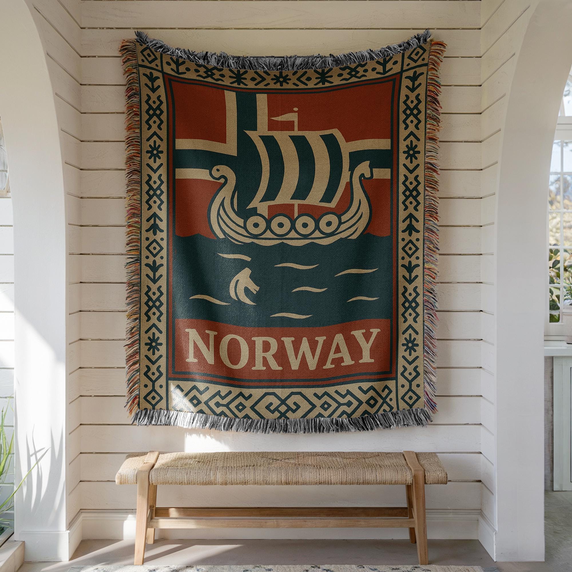 Norway Woven Blanket – Viking Ship and Flag Patriotic Throw