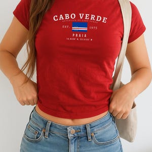 Cabo Verde Baby Tee, Cape Verde Y2K Crop Top, Vintage Flag Shirt, Praia Aesthetic Tee, West African Island Pride T-Shirt for Women image 4