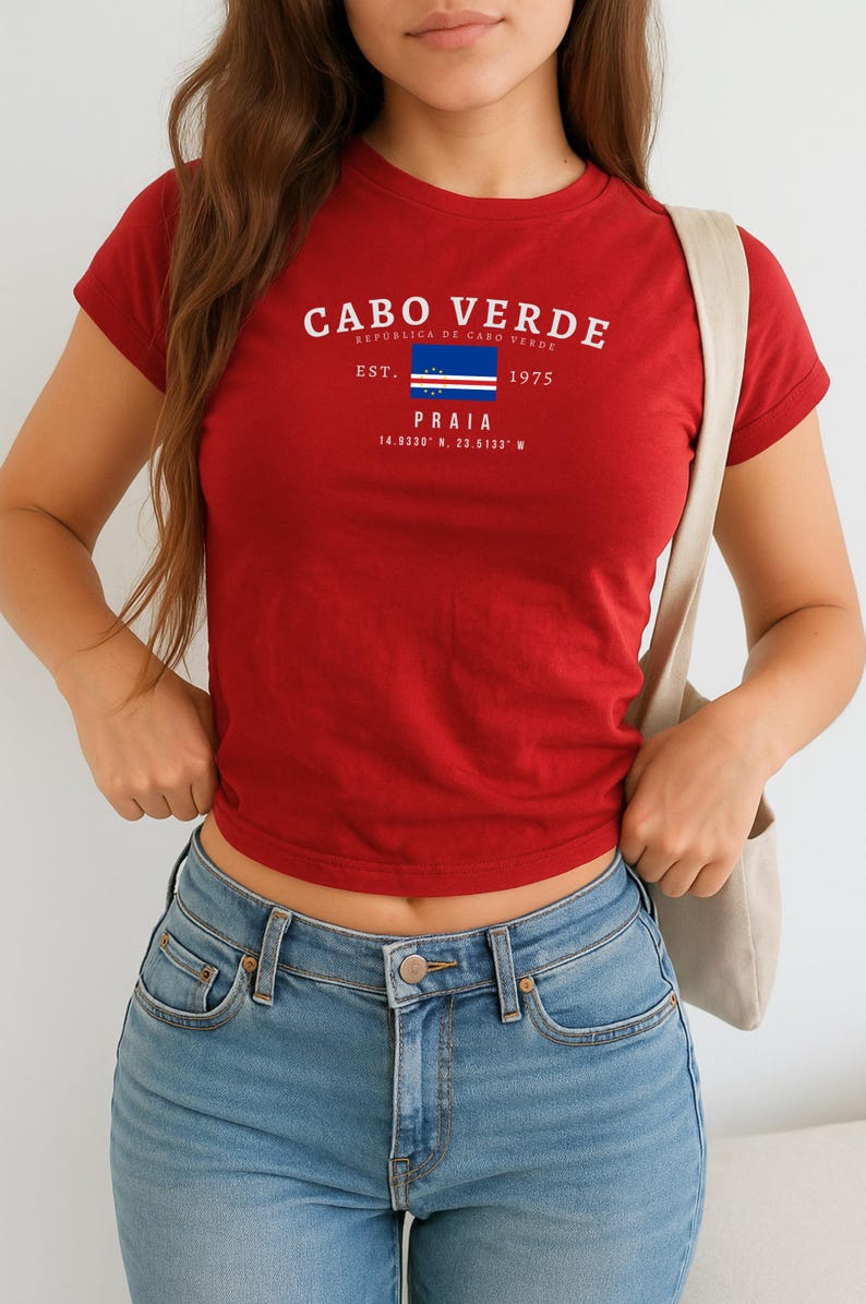 Cabo Verde Baby Tee, Cape Verde Y2K Crop Top, Vintage Flag Shirt, Praia Aesthetic Tee, West African Island Pride T-Shirt for Women image 4
